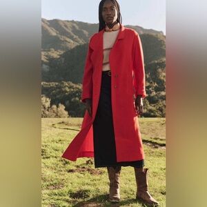 THE GREAT. Trapunto long wool hot red trench coat tie waist sz 0 XS S